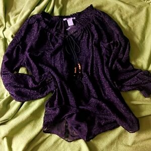 Black long-sleeved embroidered sheer blouse